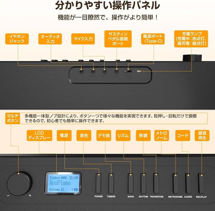 電子ピアノ 88鍵盤 折りたたみ式 MIDI対応 128種音色 (ブラック)