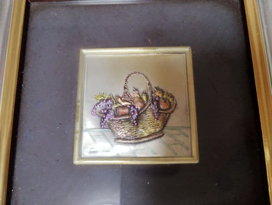 銀板画２点セット 果物のバスケットと風景画の絵画セット