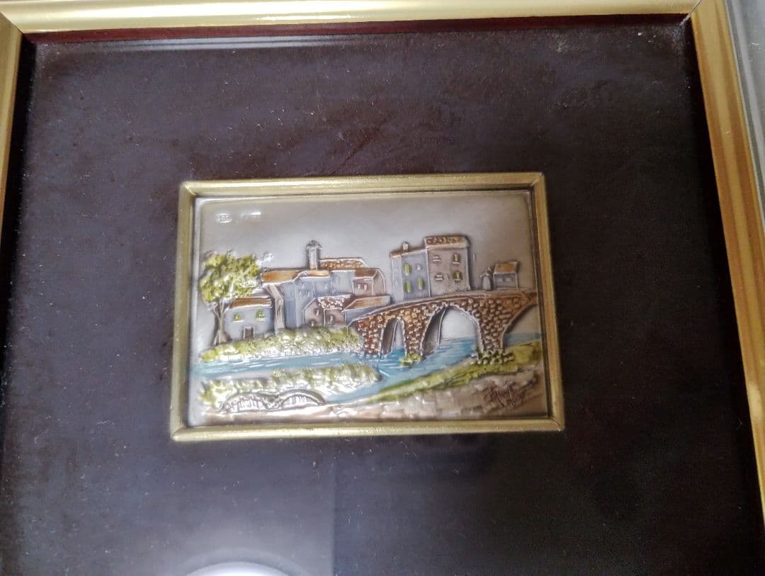 銀板画２点セット 果物のバスケットと風景画の絵画セット