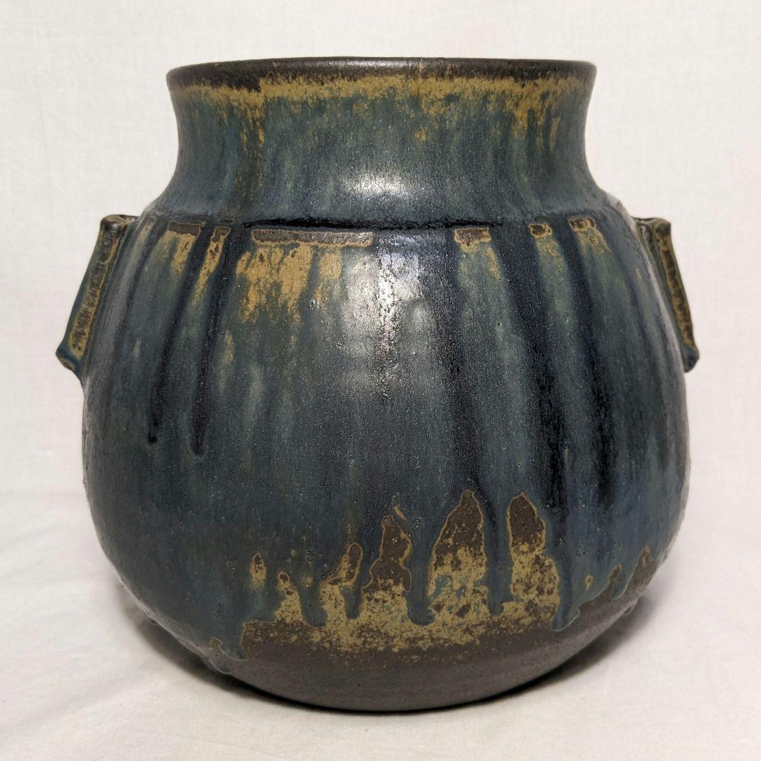 瀬戸市指定無形文化財 加藤釥 瀬戸焼 蒼釉耳付花入 共箱 花器 花瓶 壷 置物