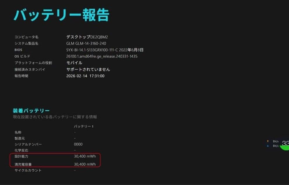 ノートパソコン　GLM-14-3160-240アルミニウムボディーバッテリー良好