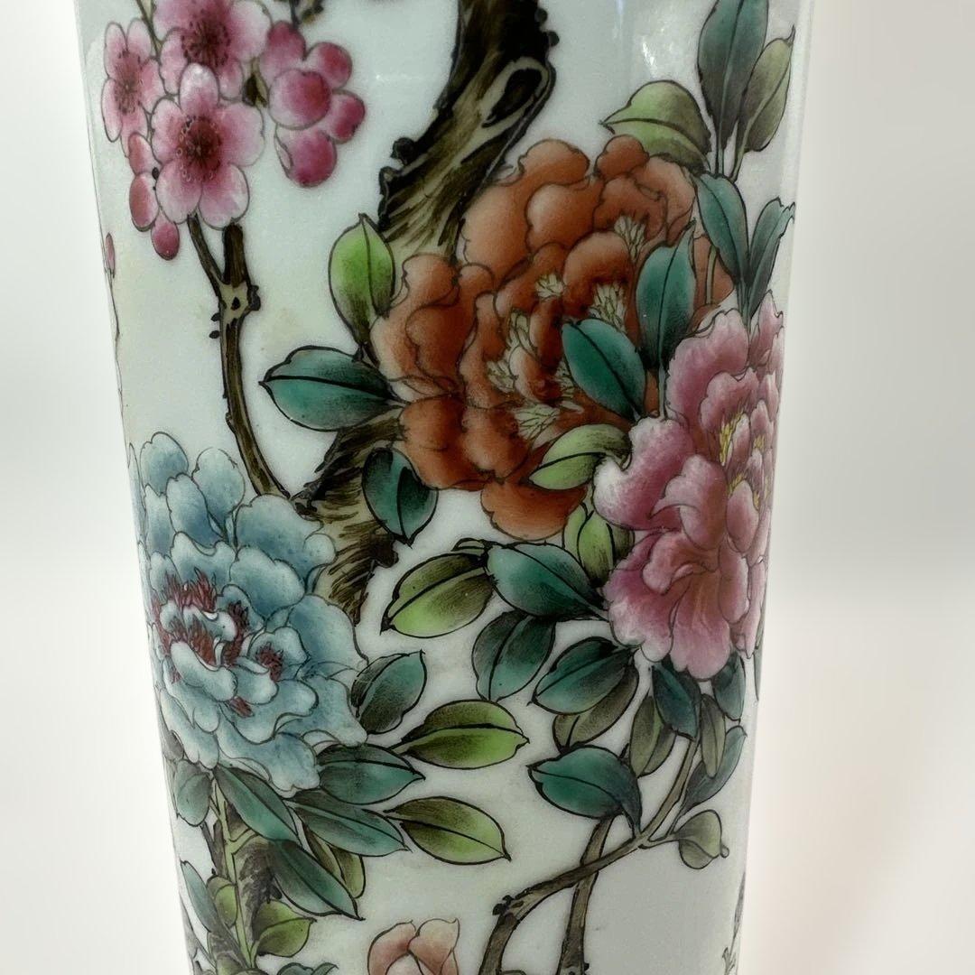 中国，景的鎮，花器，花瓶，花鳥装飾の円筒形陶器