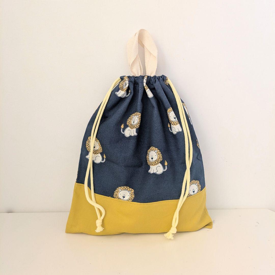 裏地キルティング大きめレッスンバッグ、上履き袋、体操着袋　ジョーズ×ブラック