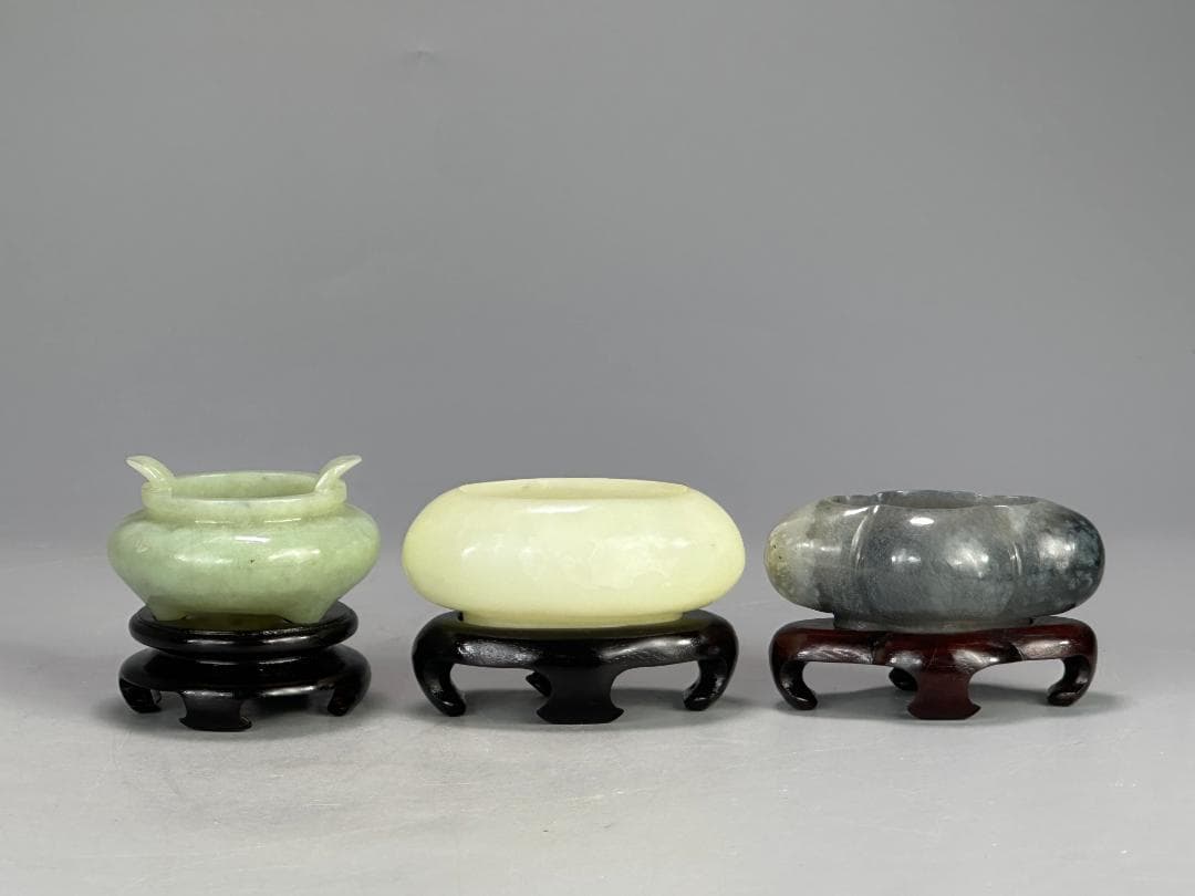 UM1-1中国美術 玉石製　玉製水盂　水洗　墨玉　青玉　白玉　三点まとめ　書道具