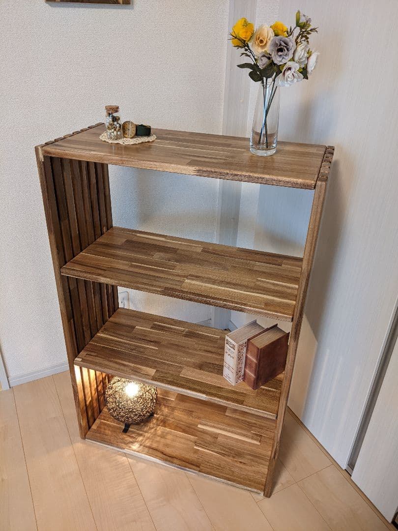 縦格子デザイン　木製オープンシェルフ4段 クリア塗装［棚　ラック］