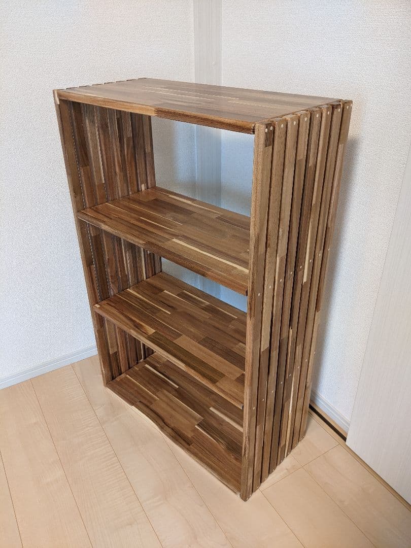 縦格子デザイン　木製オープンシェルフ4段 クリア塗装［棚　ラック］