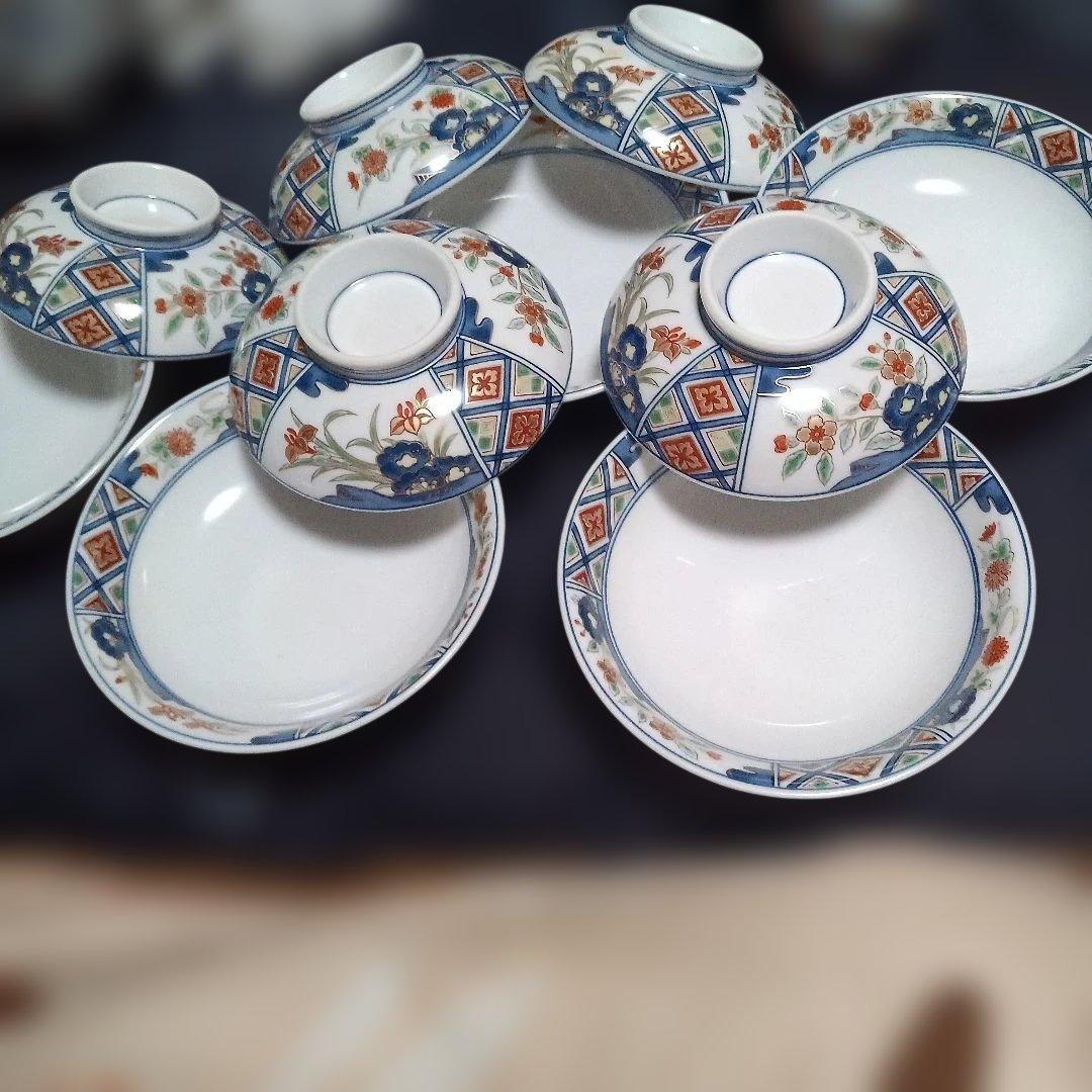 有田焼　其泉窯　煮物蓋付き椀　浅丼　染め錦地紋草花紋金彩柄5個