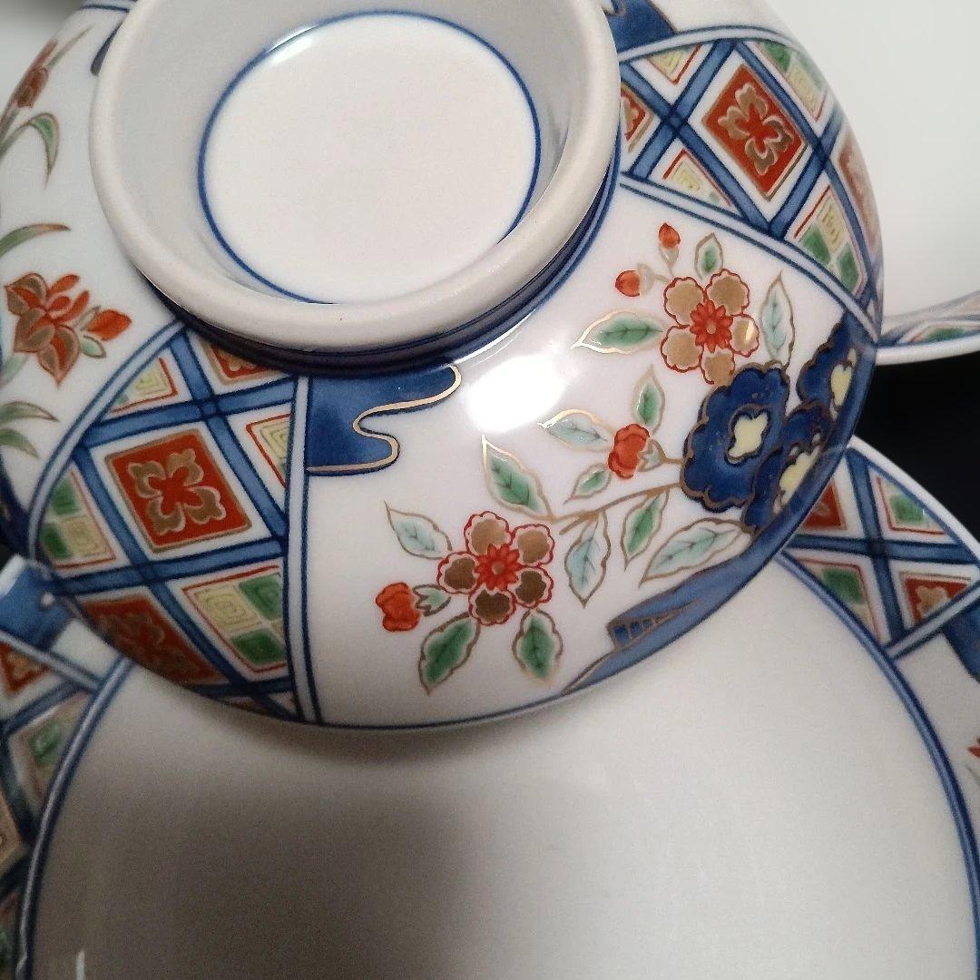 有田焼　其泉窯　煮物蓋付き椀　浅丼　染め錦地紋草花紋金彩柄5個