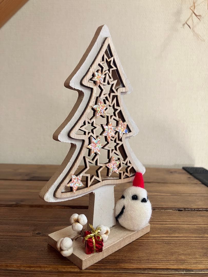 羊毛フェルト　シマエナガツリー