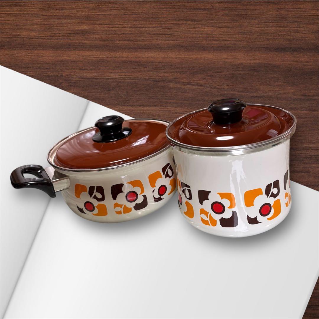 【美品】昭和レトロ サンコーウェア　花柄 両手鍋＆キャニスター 2pc Set
