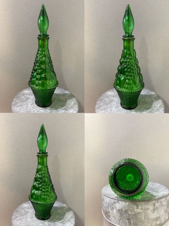 ビンテージ 花瓶 ガラス 緑 蓋付 フラワーベース 美品