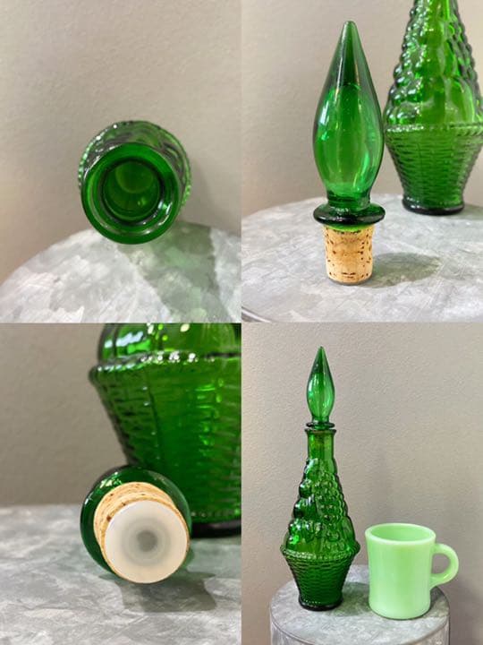 ビンテージ 花瓶 ガラス 緑 蓋付 フラワーベース 美品