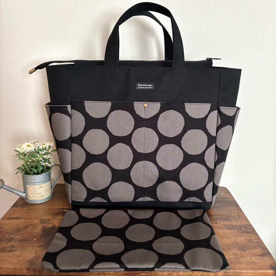 【ユリイカ】サイドポケット付きトートバッグL 帆布　黒×ドット柄