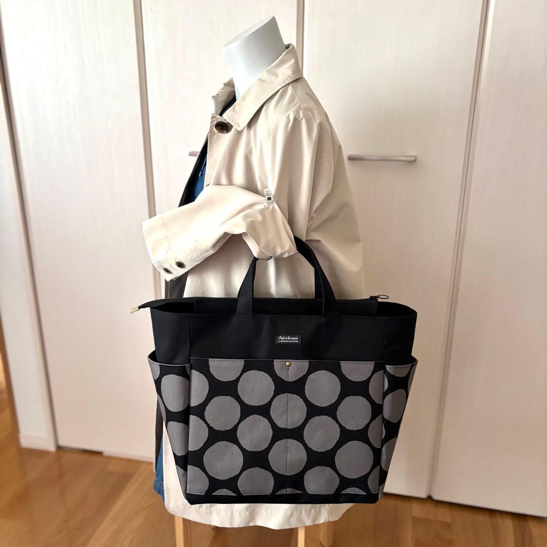 【ユリイカ】サイドポケット付きトートバッグL 帆布　黒×ドット柄