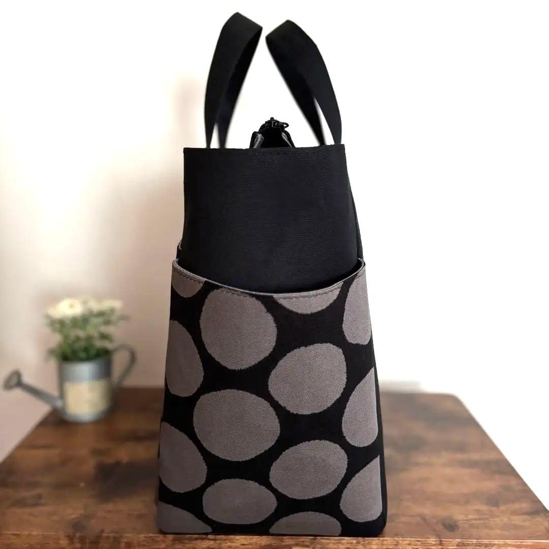 【ユリイカ】サイドポケット付きトートバッグL 帆布　黒×ドット柄