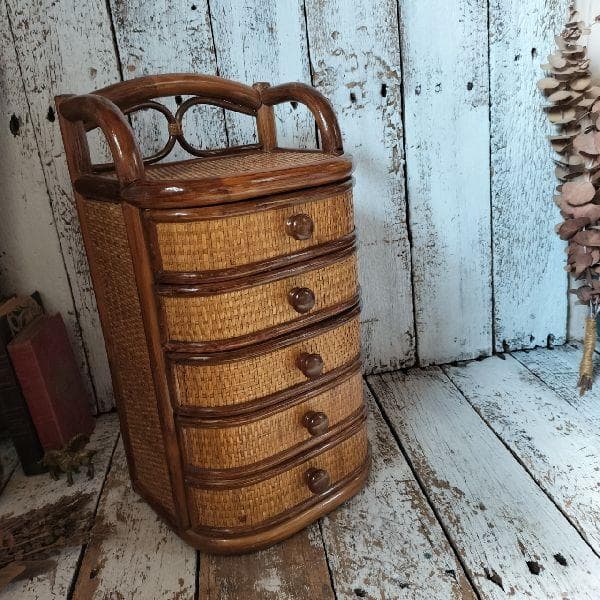 ヴィンテージ ラタン ミニ チェスト 籐 引出し 5杯 小物入れ 収納 小箪笥
