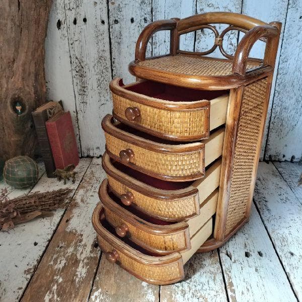ヴィンテージ ラタン ミニ チェスト 籐 引出し 5杯 小物入れ 収納 小箪笥
