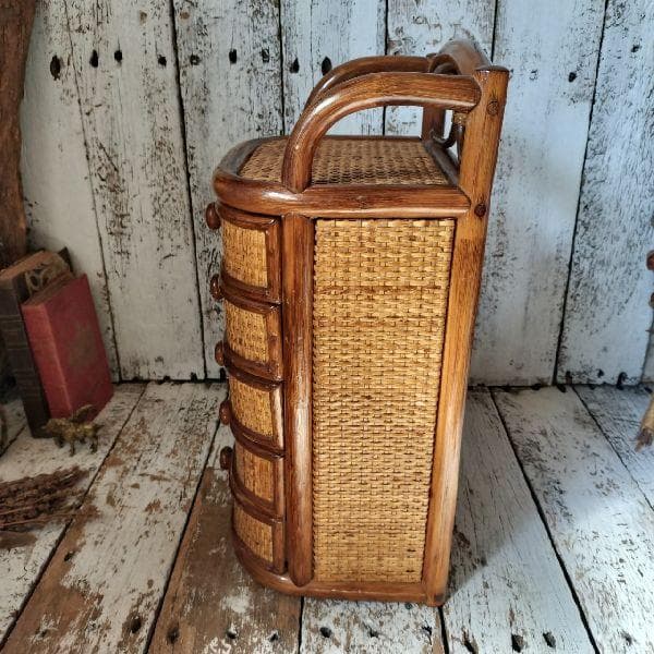 ヴィンテージ ラタン ミニ チェスト 籐 引出し 5杯 小物入れ 収納 小箪笥