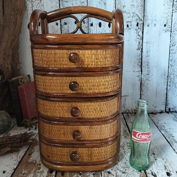 ヴィンテージ ラタン ミニ チェスト 籐 引出し 5杯 小物入れ 収納 小箪笥