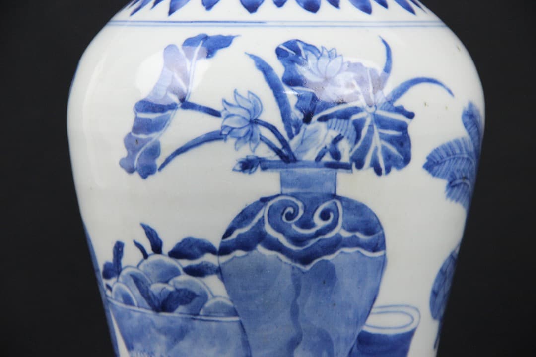 中国美術 清時代 　青花 博古文 長頸瓶 時代品 古磁 ENM23-5