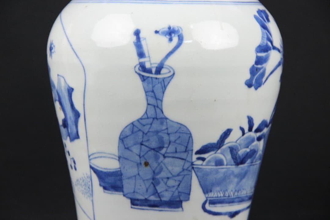 中国美術 清時代 　青花 博古文 長頸瓶 時代品 古磁 ENM23-5