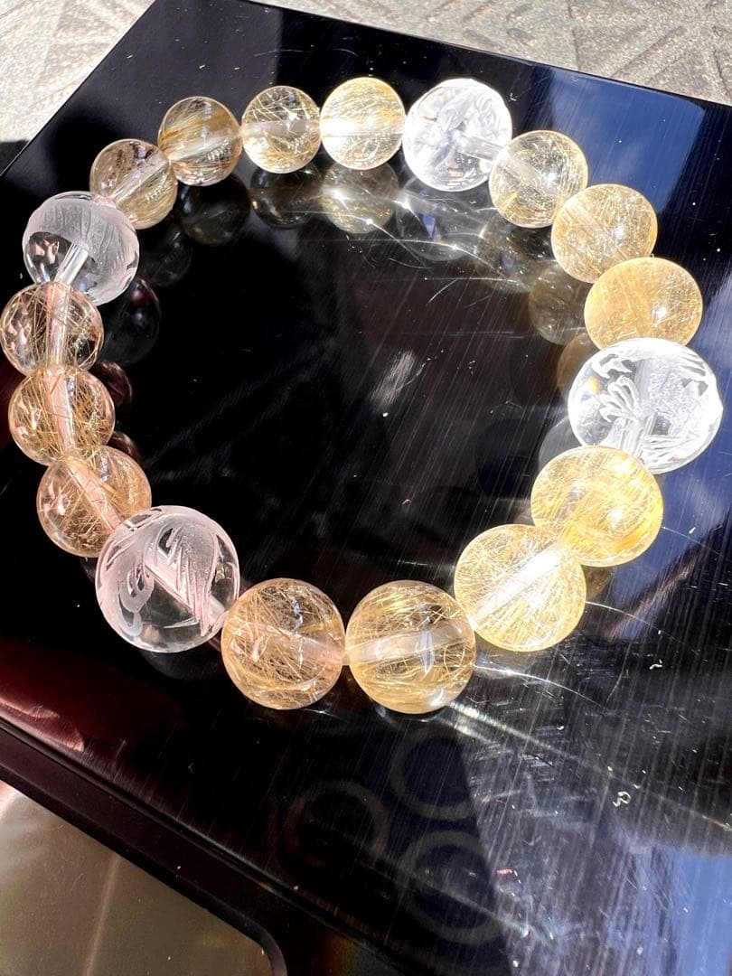 最強金運【極透明】風水四神×ゴールドルチル ブレスレット 12mm 10mm