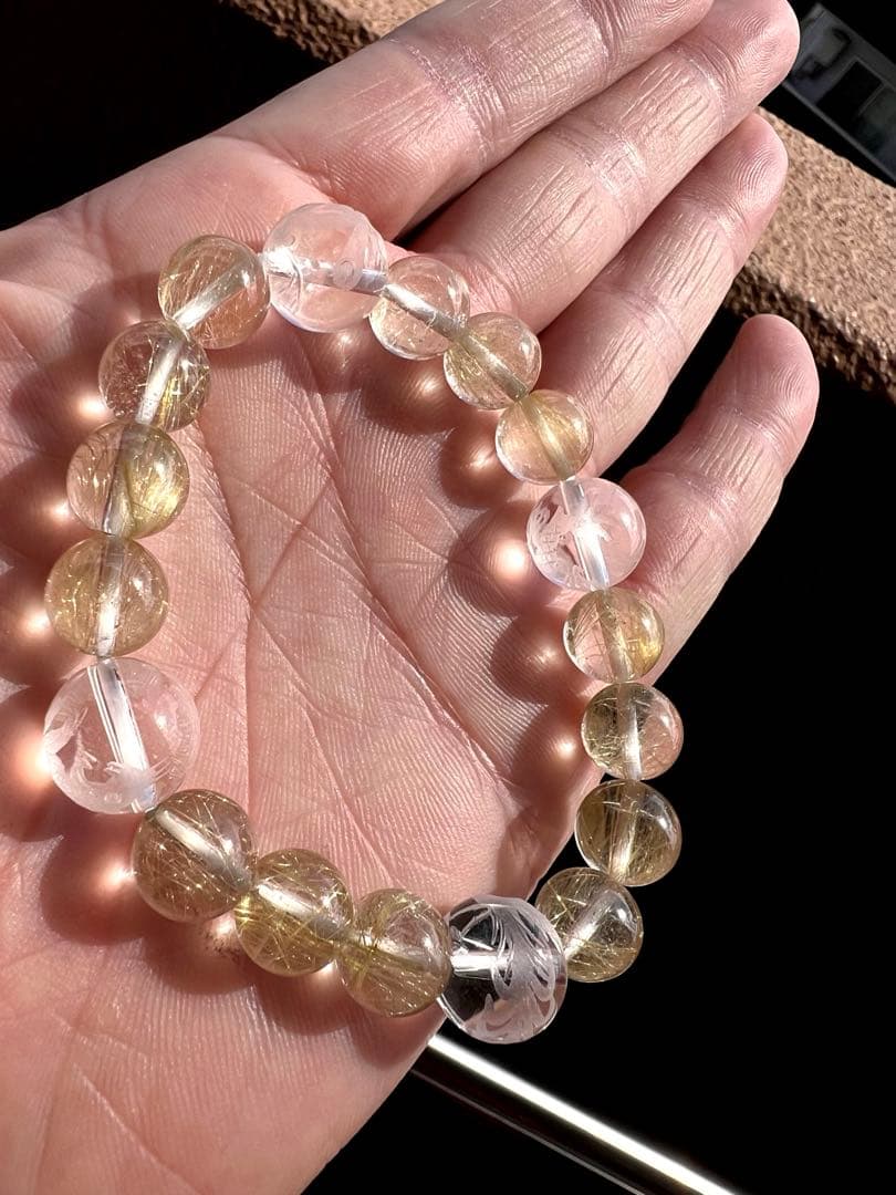 最強金運【極透明】風水四神×ゴールドルチル ブレスレット 12mm 10mm