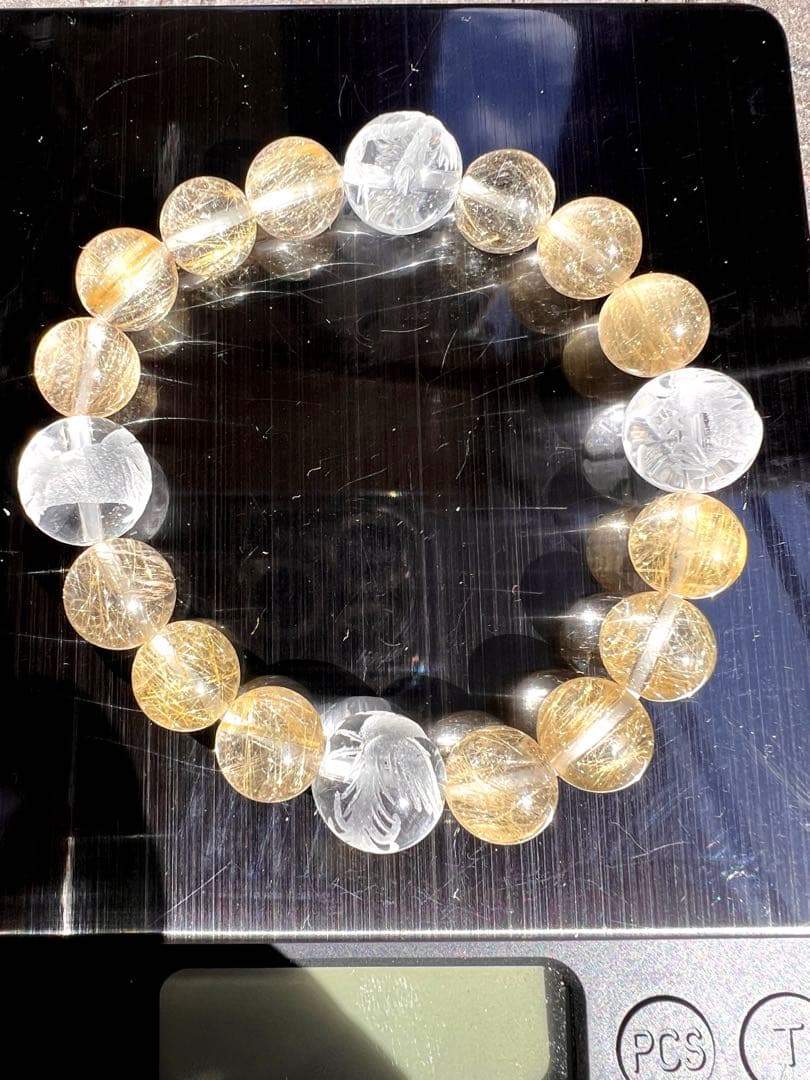 最強金運【極透明】風水四神×ゴールドルチル ブレスレット 12mm 10mm