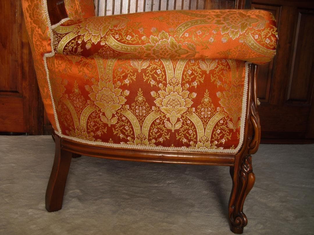 イタリア製 ロココ様式 １Pソファ☆金糸 薔薇 ダマスク柄 張替済み☆猫脚 彫刻