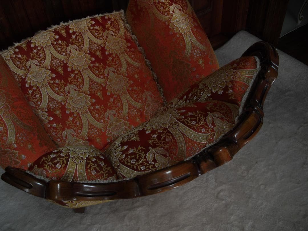 イタリア製 ロココ様式 １Pソファ☆金糸 薔薇 ダマスク柄 張替済み☆猫脚 彫刻