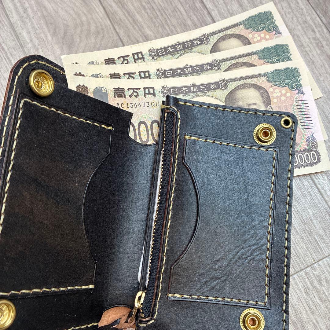 【茶芯ブラック】トラッカーウォレット　ミドル　真鍮　お札を折らずに収納