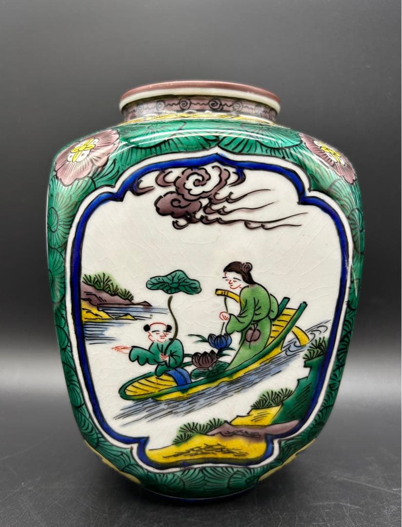 陶器　九谷焼　角福　花瓶　花器　青手　花鳥紋様　鹿　花　鳥