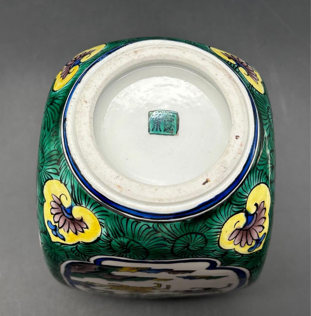 陶器　九谷焼　角福　花瓶　花器　青手　花鳥紋様　鹿　花　鳥