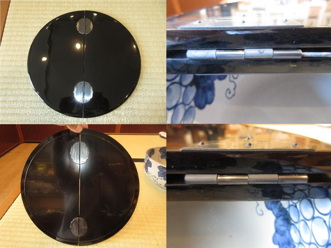 送料込【逢絢亭】茶道具 平水指 京焼 染付 葡萄の図 真塗の割蓋 平安桐鳳