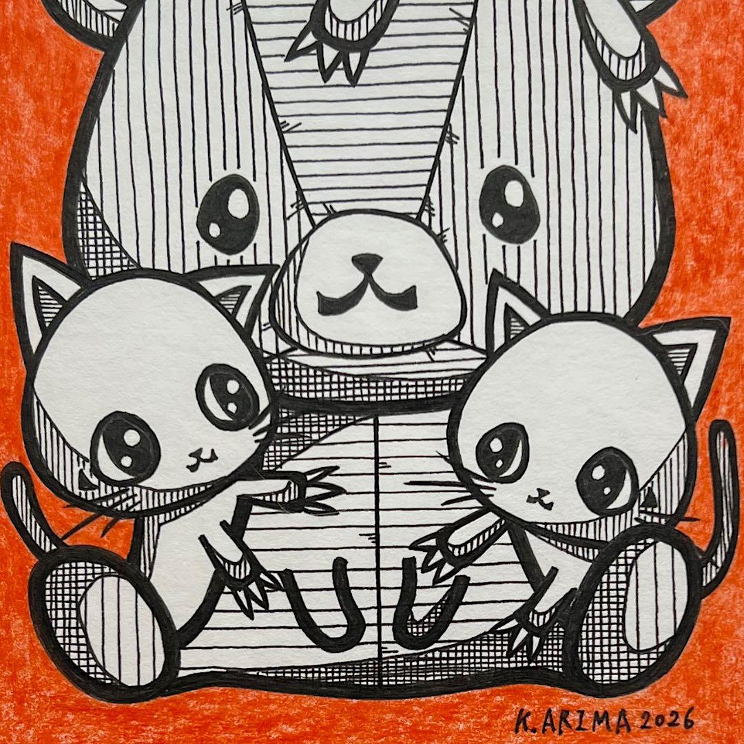 絵画 原画 絵 動物画 癒し 猫 くまさん 一点物 額縁付『見守りにゃんこ隊』