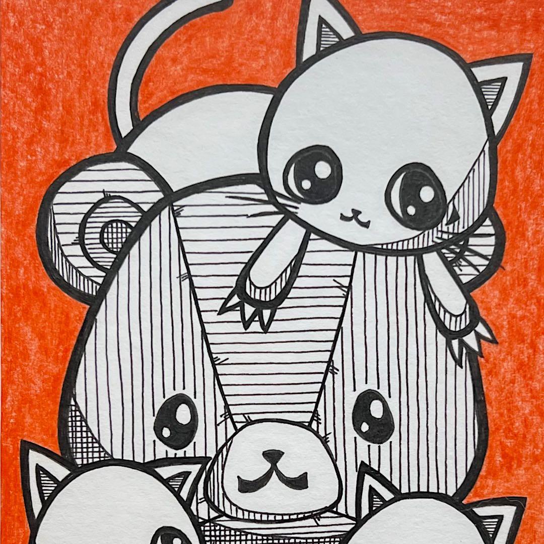 絵画 原画 絵 動物画 癒し 猫 くまさん 一点物 額縁付『見守りにゃんこ隊』