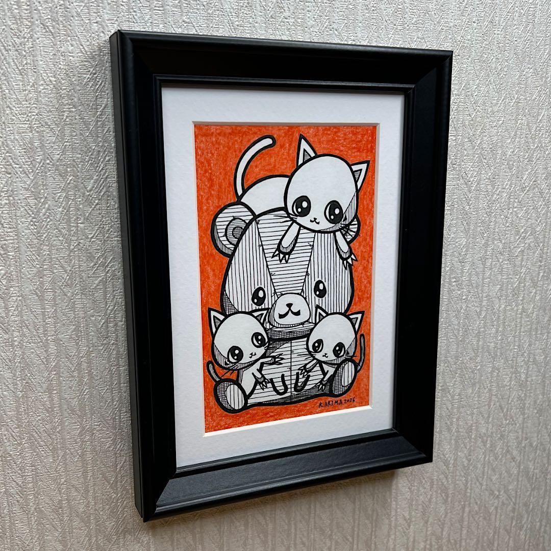 絵画 原画 絵 動物画 癒し 猫 くまさん 一点物 額縁付『見守りにゃんこ隊』