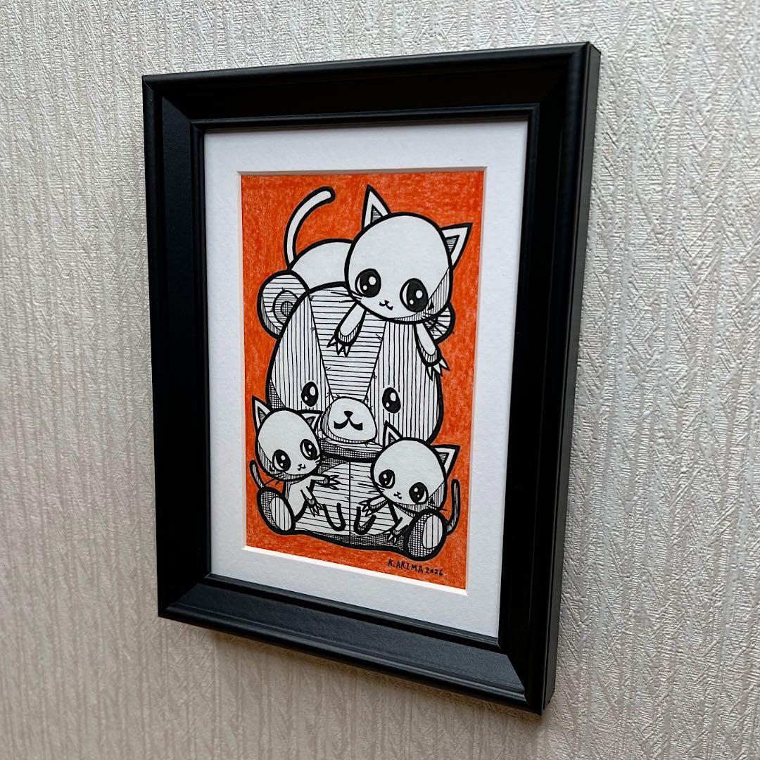 絵画 原画 絵 動物画 癒し 猫 くまさん 一点物 額縁付『見守りにゃんこ隊』