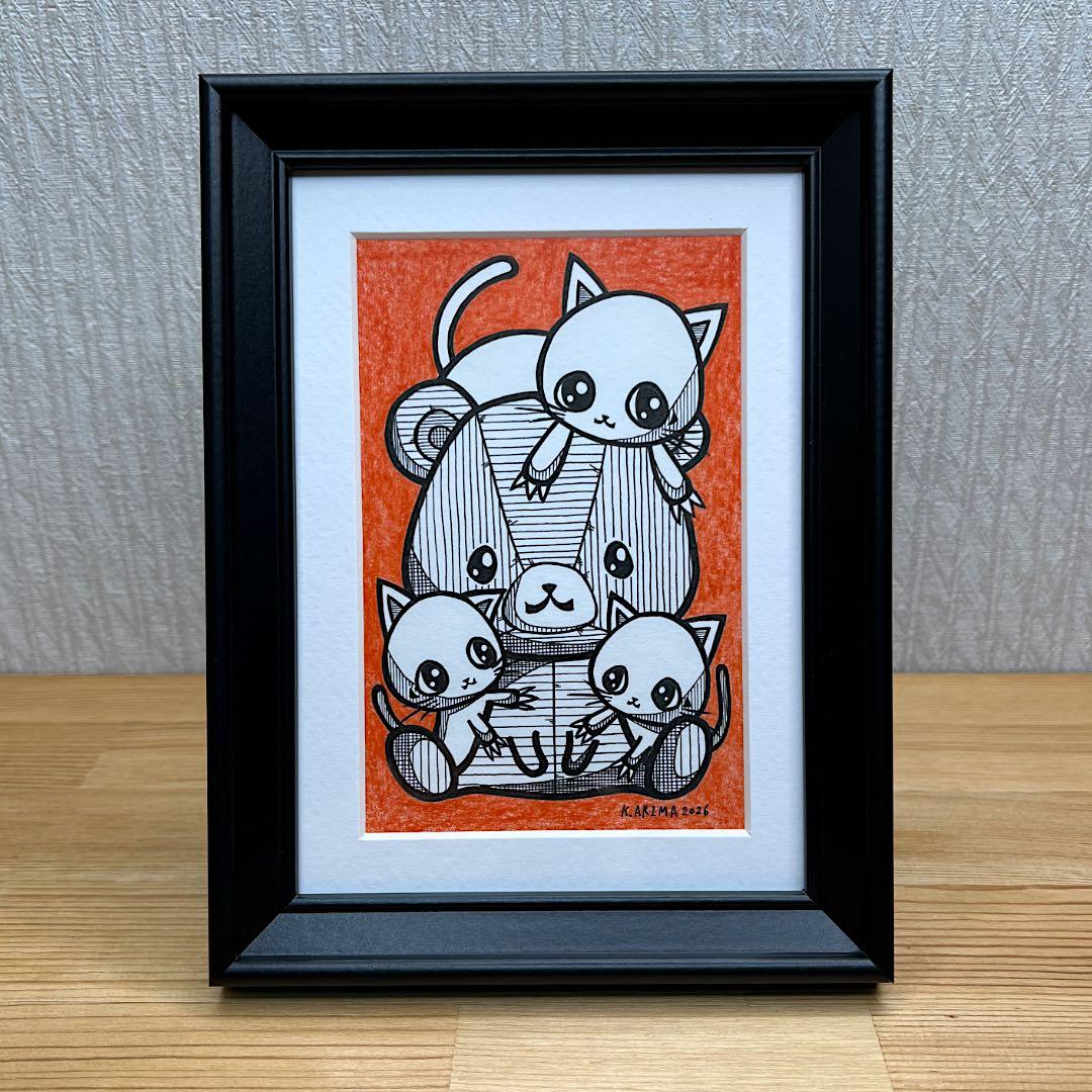 絵画 原画 絵 動物画 癒し 猫 くまさん 一点物 額縁付『見守りにゃんこ隊』