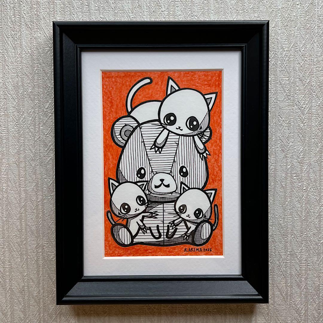 絵画 原画 絵 動物画 癒し 猫 くまさん 一点物 額縁付『見守りにゃんこ隊』