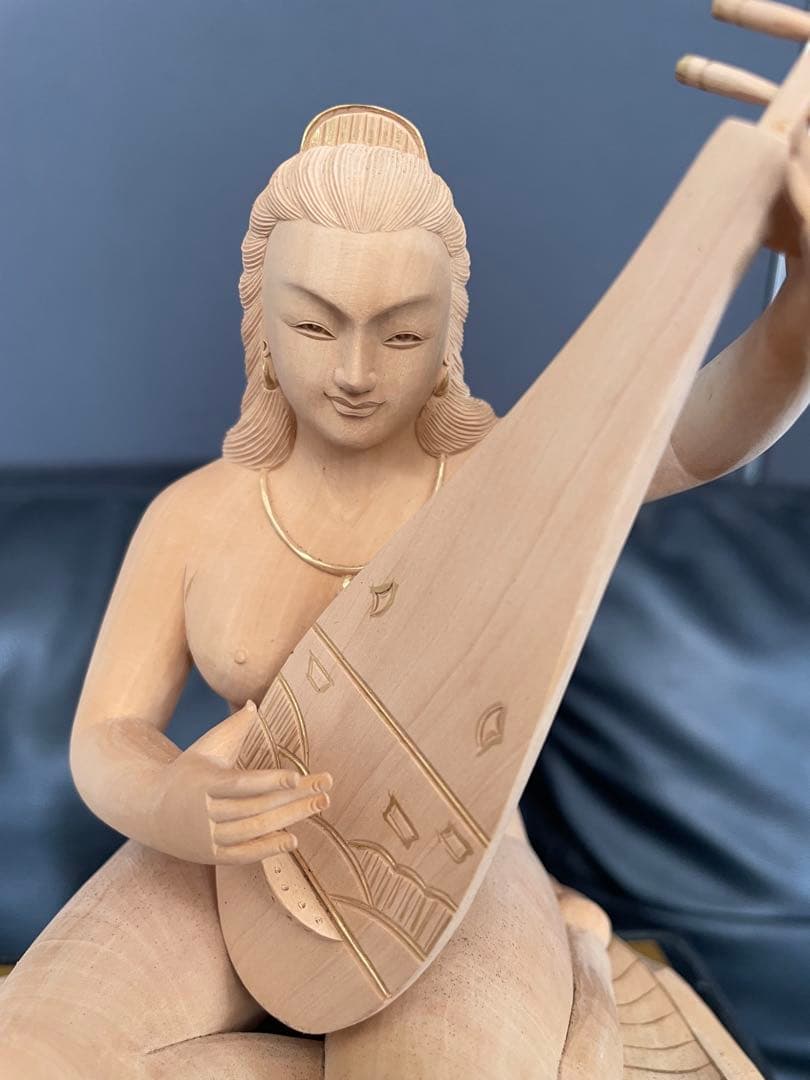 美品弁財天 弁天様 琵琶 木彫り 木製 彫刻 七福神 置物 インテリア ヌード