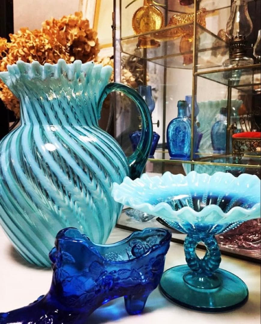 ＊訳ありビンテージ☆ガラス花瓶フラワーベース渦巻き模様 フェントン＊ヒビ割れ多数