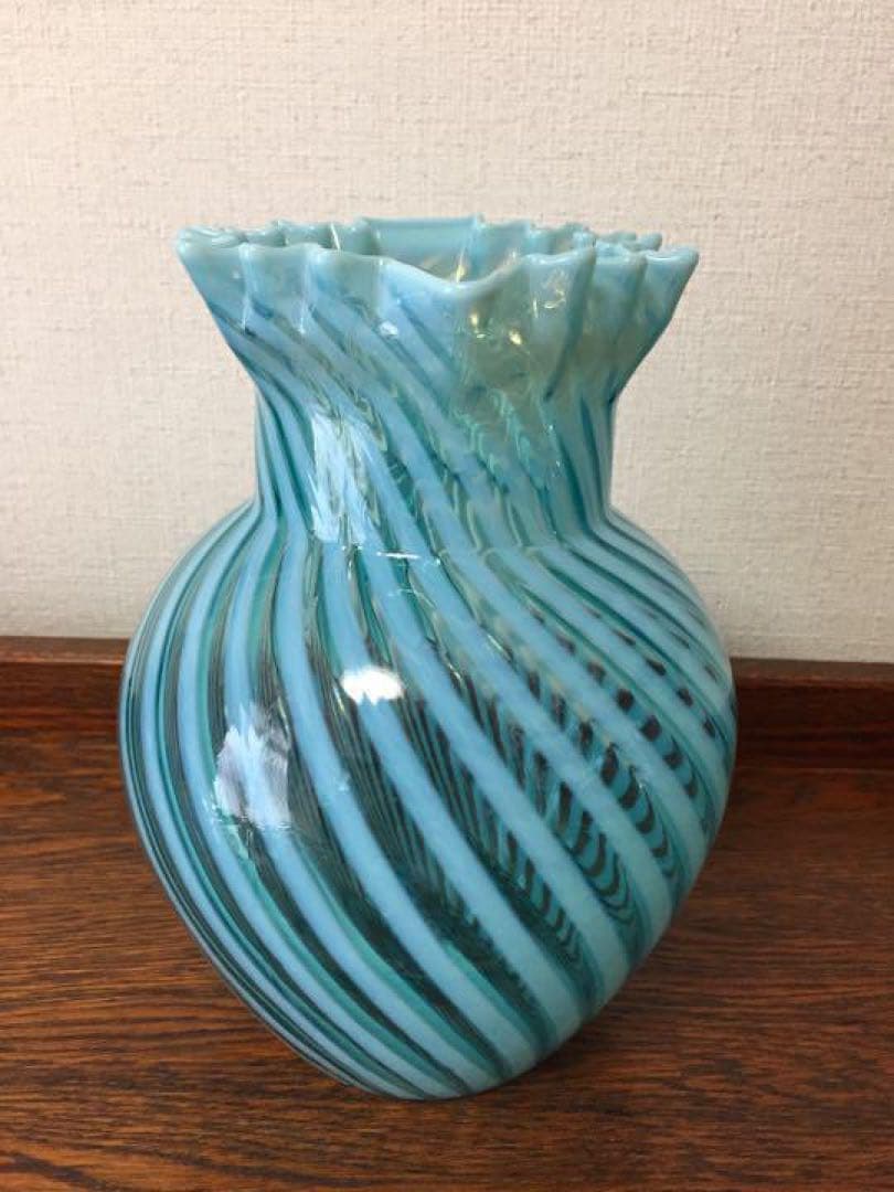 ＊訳ありビンテージ☆ガラス花瓶フラワーベース渦巻き模様 フェントン＊ヒビ割れ多数