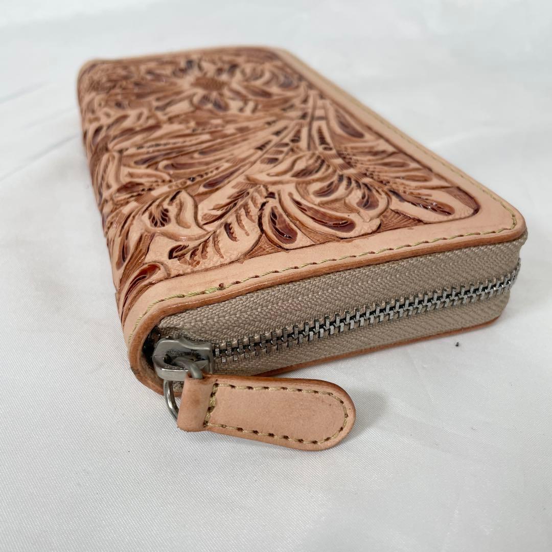 【新品】財布 長財布 レザー 本革 ラウンドファスナー ナチュラル カービング