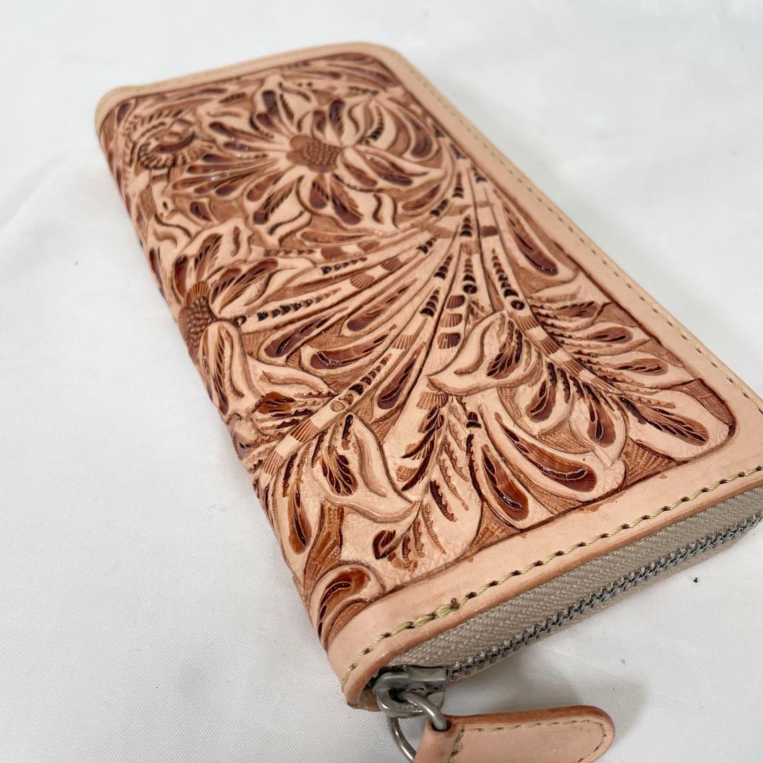 【新品】財布 長財布 レザー 本革 ラウンドファスナー ナチュラル カービング