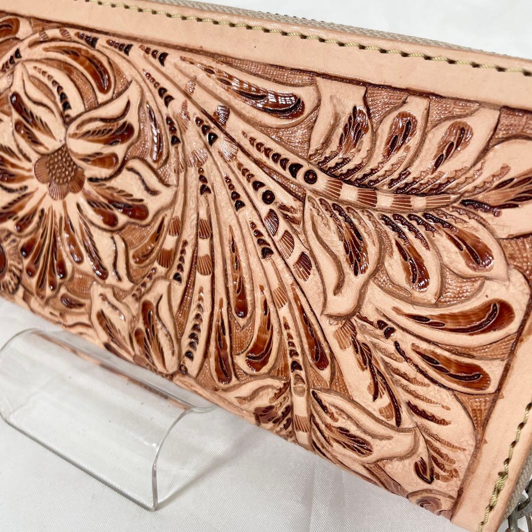 【新品】財布 長財布 レザー 本革 ラウンドファスナー ナチュラル カービング