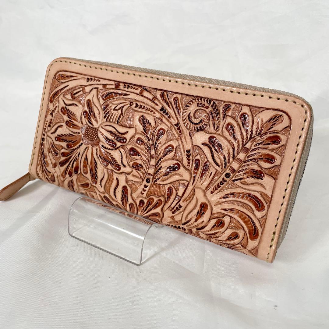 【新品】財布 長財布 レザー 本革 ラウンドファスナー ナチュラル カービング