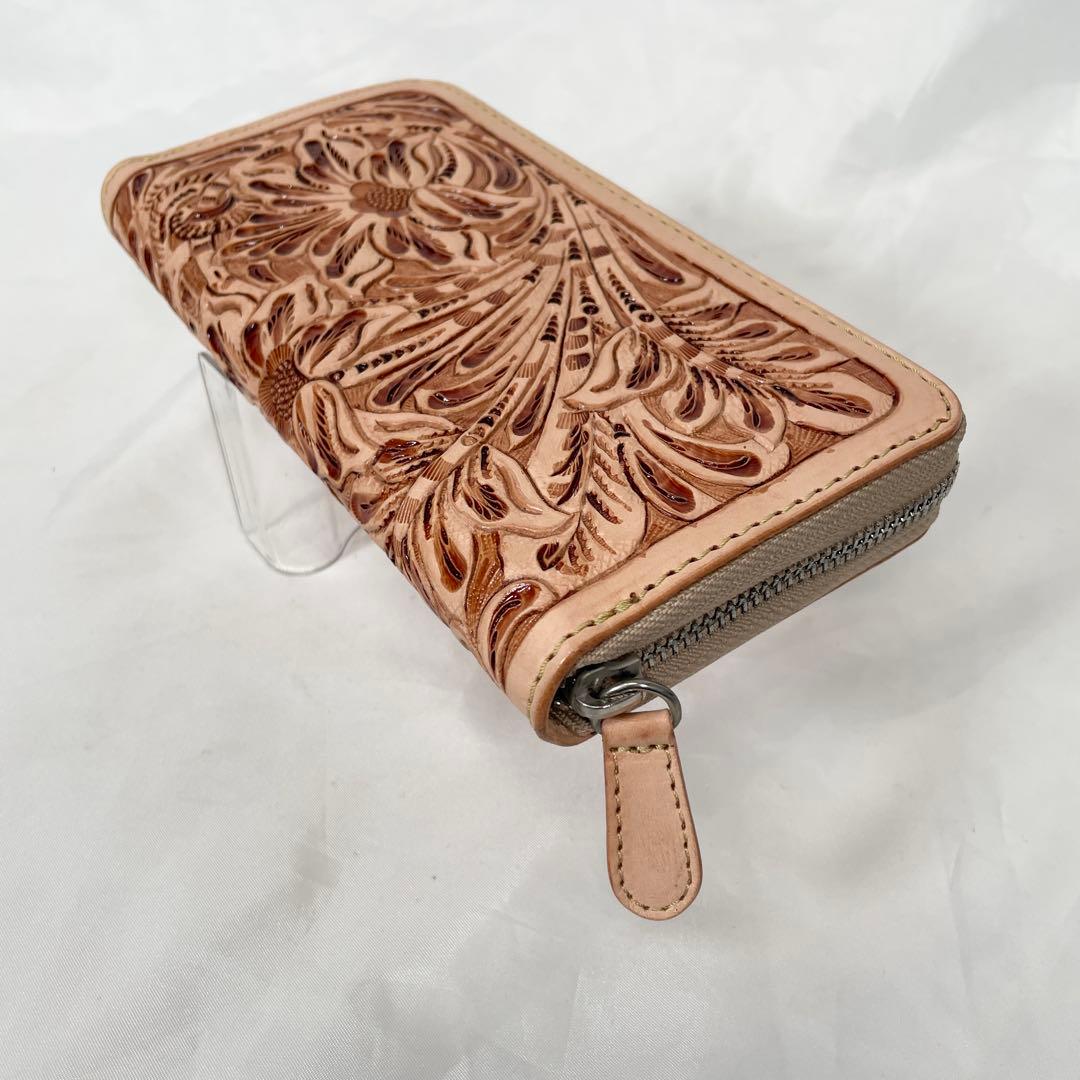 【新品】財布 長財布 レザー 本革 ラウンドファスナー ナチュラル カービング