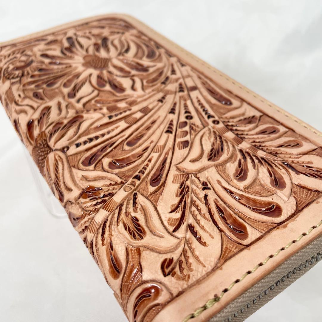 【新品】財布 長財布 レザー 本革 ラウンドファスナー ナチュラル カービング