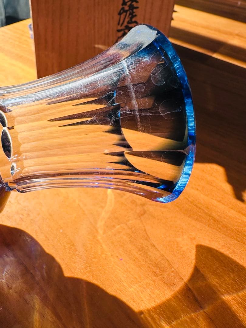 島津 薩摩 切子 / 色被せ 花入れ (小) / 花瓶 / 藍 /桐箱